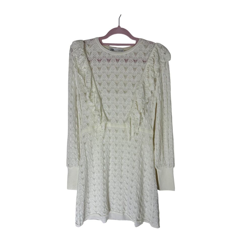 Zara Ivory Knit Ruffle Lace Long Sleeve Lined Stretch Sweater Mini Dress Size L